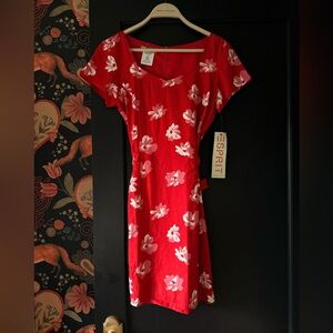 NWT Vintage Esprit Dress 90s Red Floral Tie Waist 5/6 XS Short 1990s New